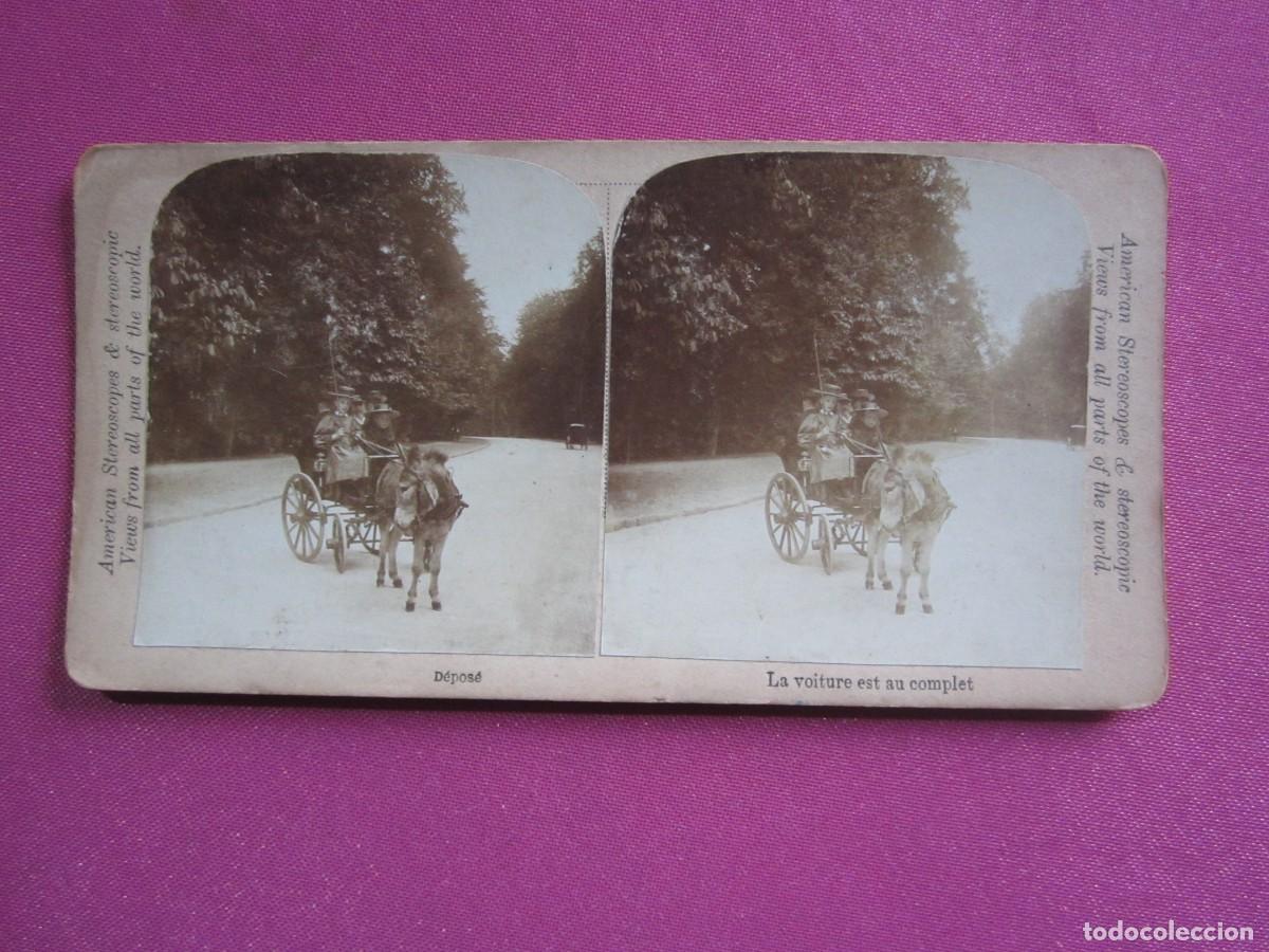 Fotografia antica: FOTO ESTEREOSCOPICA AMERICAN STEREOSCOPES DEPOSE LA VOITURE EST AU COMPLET 1895