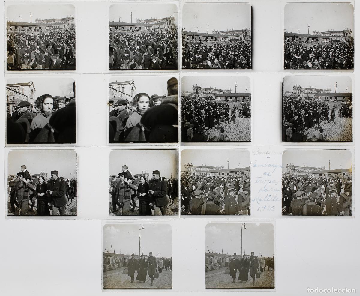 Fotograf&iacute;a antigua: Puerto de Barcelona, embarque de tropas para Melilla, 1923. 7 cristales positivos estereo 10x4,3cm.