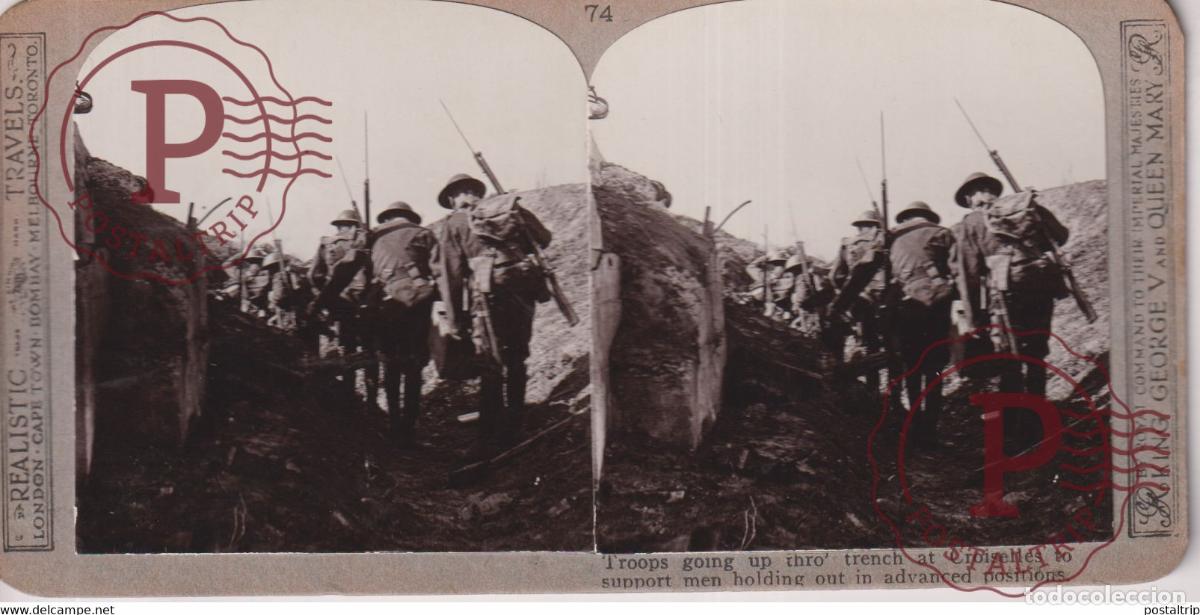 Fotografia antiga: TROPS GOING UP THRO TRENCH AT CROISELLES TO SUPPORT MEN Grand Guerre WW1 ESTEREOSCOPICA ST&Eacute;R&Eacute;OSCOPI