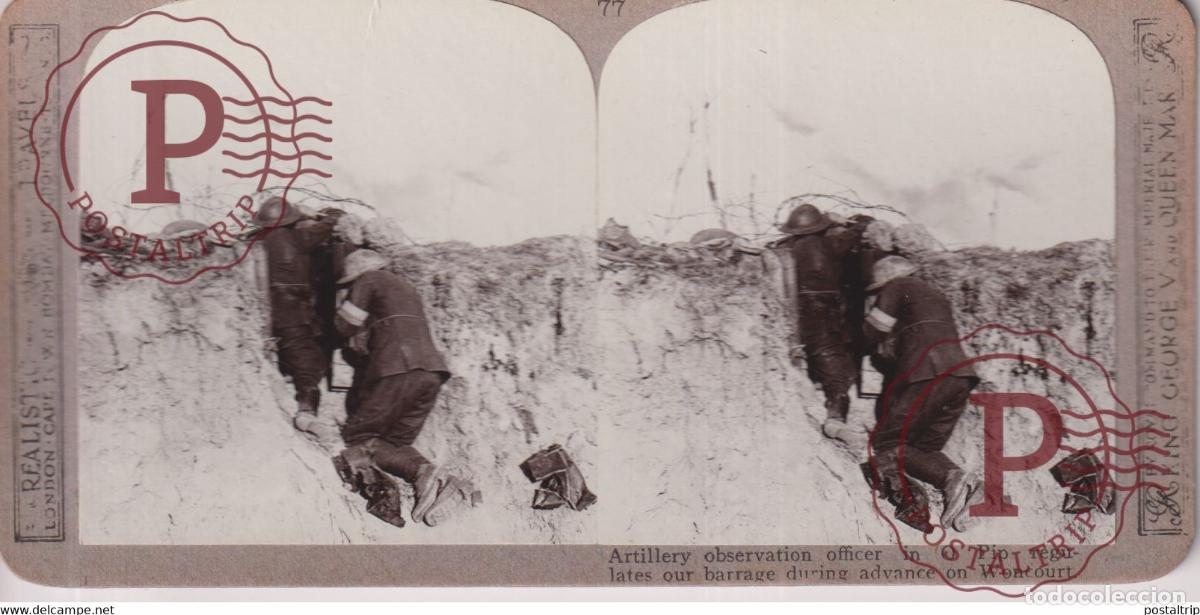 Fotografia antiga: ARTELLERY OBSERVATION OFFICER IN O PIP Grand Guerre WW1 ESTEREOSCOPICA ST&Eacute;R&Eacute;OSCOPIQUE. STEREOSCOPI