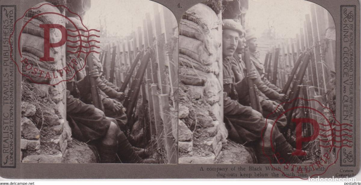 Fotografia antiga: A COMPANY OF THE BLACK WATCH IN A TRENCH Grand Guerre WW1 ESTEREOSCOPICA ST&Eacute;R&Eacute;OSCOPIQUE. STEREOSCOP