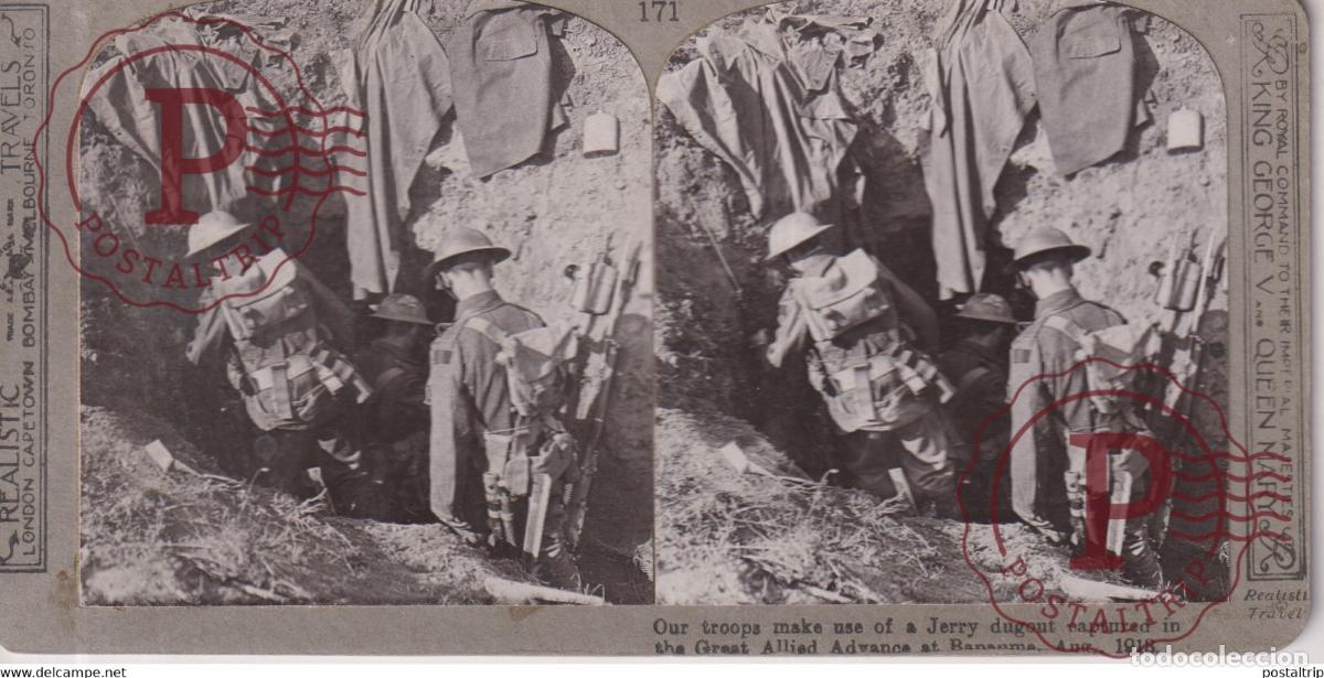 Fotografia antiga: OUR TROOPS MAKE USE OF A JERRY DUGOUT CAPTURED Grand Guerre WW1 ESTEREOSCOPICA ST&Eacute;R&Eacute;OSCOPIQUE. STER