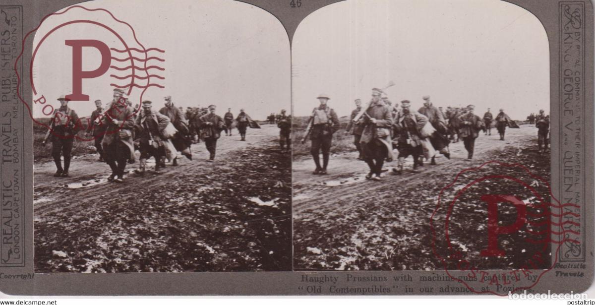 Fotografia antiga: HAUGHTY PRUSSIANS WITH MACHINE GUNS CAPTURED Grand Guerre WW1 ESTEREOSCOPICA ST&Eacute;R&Eacute;OSCOPIQUE. STERE