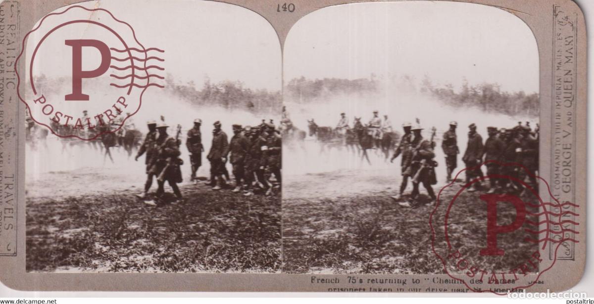 Fotografia antiga: FRENCH 75S RETURNING TO CHEMIN DES DAMES Grand Guerre WW1 ESTEREOSCOPICA ST&Eacute;R&Eacute;OSCOPIQUE. STEREOSC