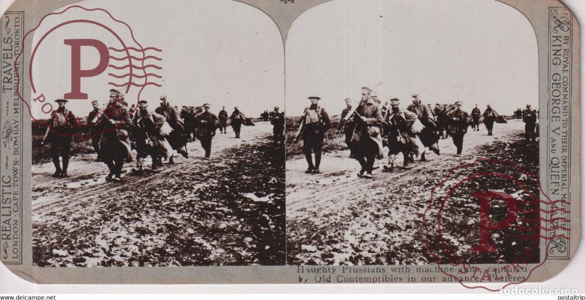 Fotografia antiga: HAUGHTY PRUSSIANS WITH MACHINE GUNS CAPTURED Grand Guerre WW1 ESTEREOSCOPICA ST&Eacute;R&Eacute;OSCOPIQUE. STERE