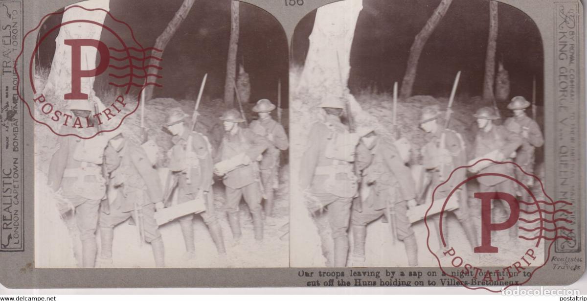 Fotografia antiga: OUR TROOPS LEAVING BY A SAP ON A NIGHT OPERATION Grand Guerre WW1 ESTEREOSCOPICA ST&Eacute;R&Eacute;OSCOPIQUE. S