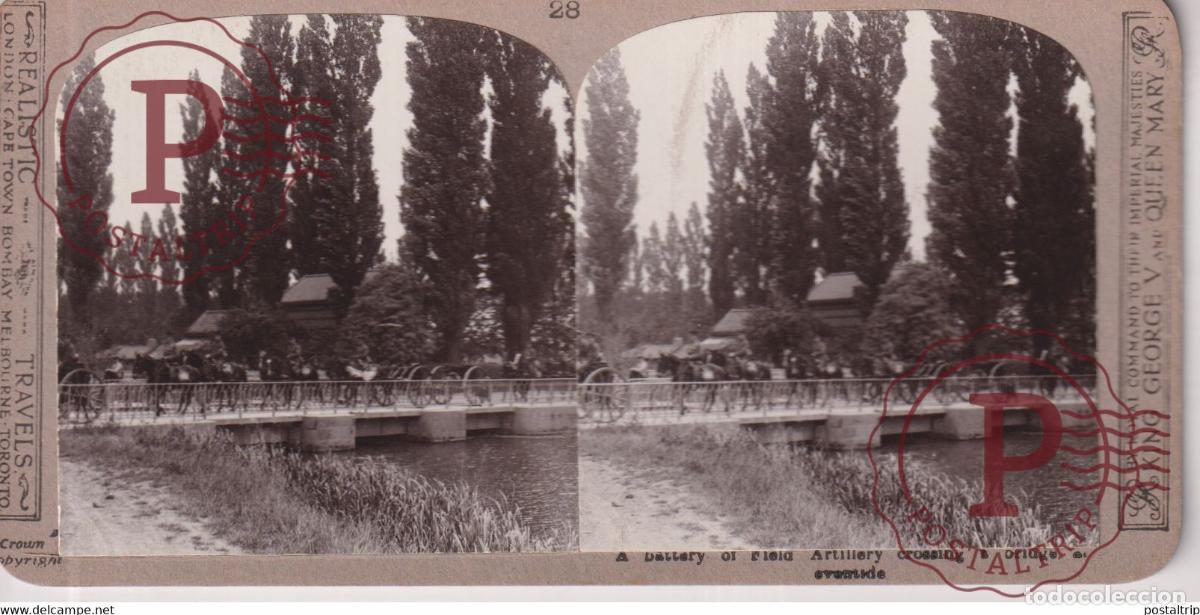 Fotografia antiga: 28 BATTARY OF FIELD ARTILLERY CROSSING Grand Guerre WW1 ESTEREOSCOPICA ST&Eacute;R&Eacute;OSCOPIQUE. STEREOSCOPI