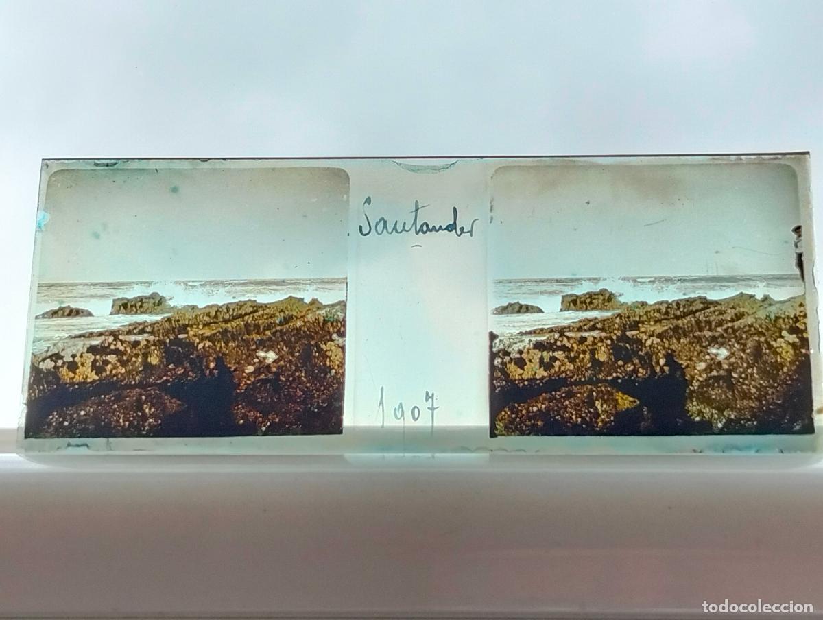 Fotografia antica: SANTANDER SARDINERO ROCAS PLACA ESTEREOSCOPICA CRISTAL 4,5 X 10,5 CM