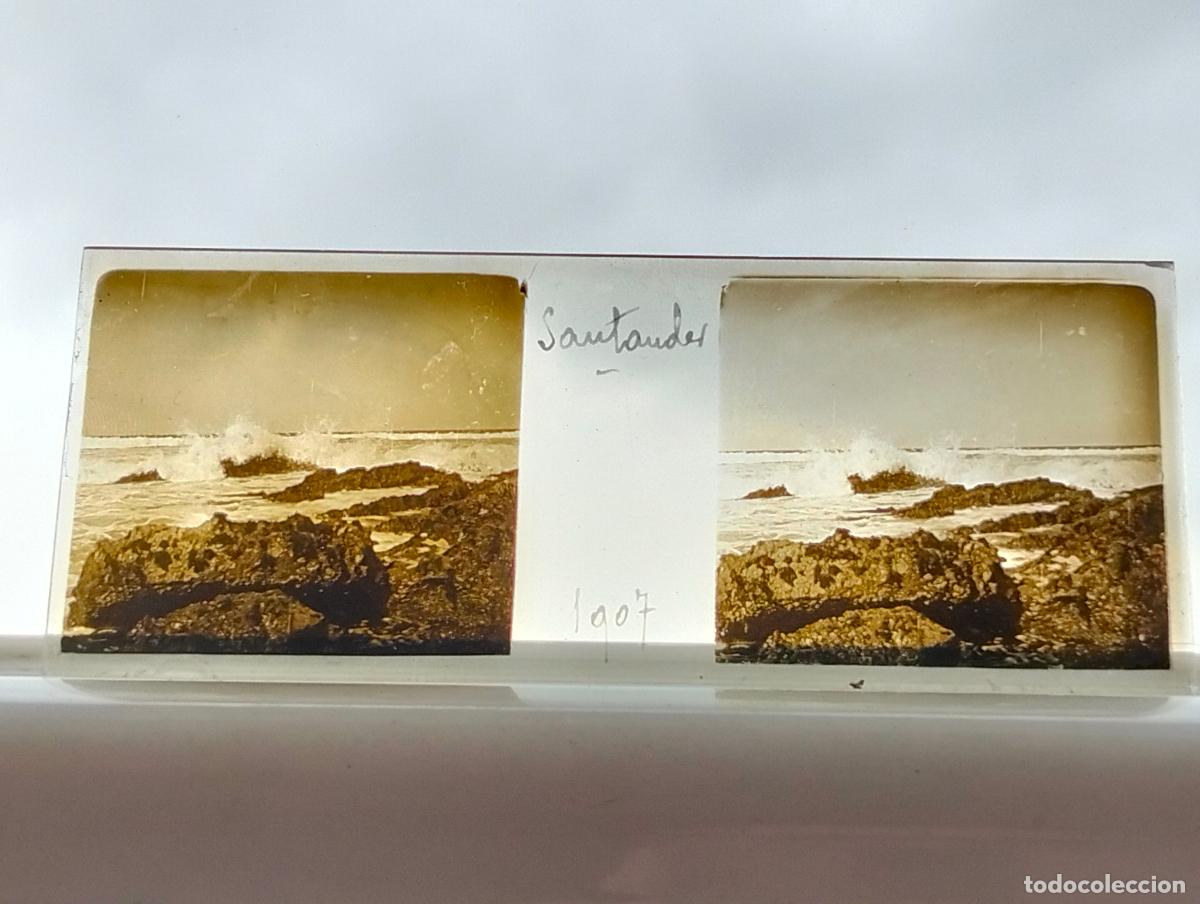Fotografia antiga: SANTANDER SARDINERO ROCAS 1907 PLACA ESTEREOSCOPICA CRISTAL 4,5 X 10,5 CM