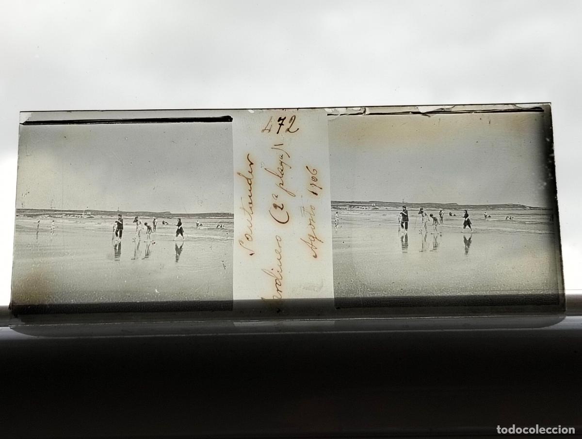 Fotografia antiga: SANTANDER EN LA SEGUNDA PLAYA DEL SARDINERO PLACA ESTEREOSCOPICA CRISTAL 1906 4,5 X 10,5 CM