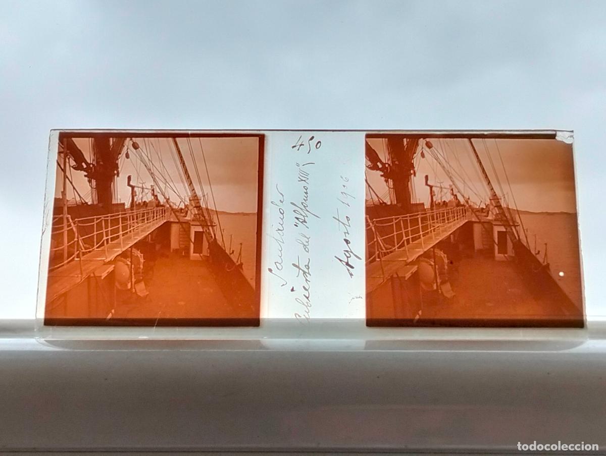 Fotografia antiga: SANTANDER CUBIERTA DEL ALFONSO XIII PLACA ESTEREOSCOPICA CRISTAL 1906 4,5 X 10,5 CM