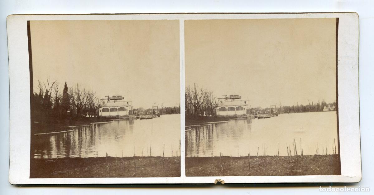 Fotograf&iacute;a antigua: Madrid. Embarcadero del parque del Retiro, circa 1890, fotograf&iacute;a estereosc&oacute;pica
