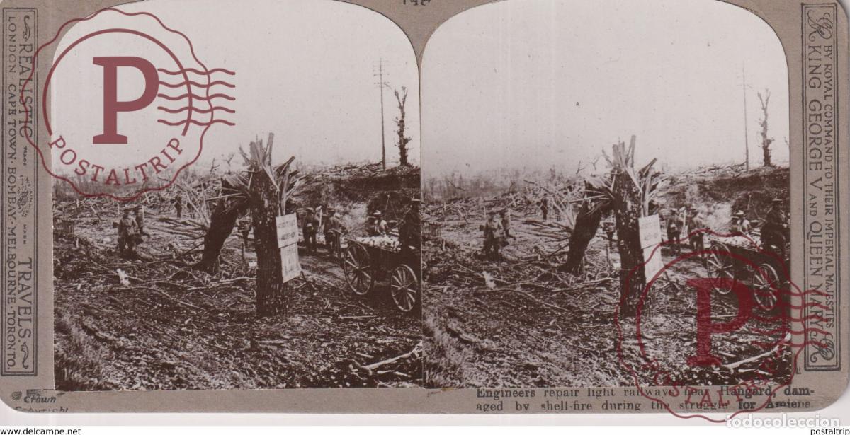 Fotograf&iacute;a antigua: 149 ENGINEERS REPAIR LIGHT RAILWAYS NEAR HANGARD Grand Guerre WW1 ESTEREOSCOPICA ST&Eacute;R&Eacute;OSCOPIQUE STE