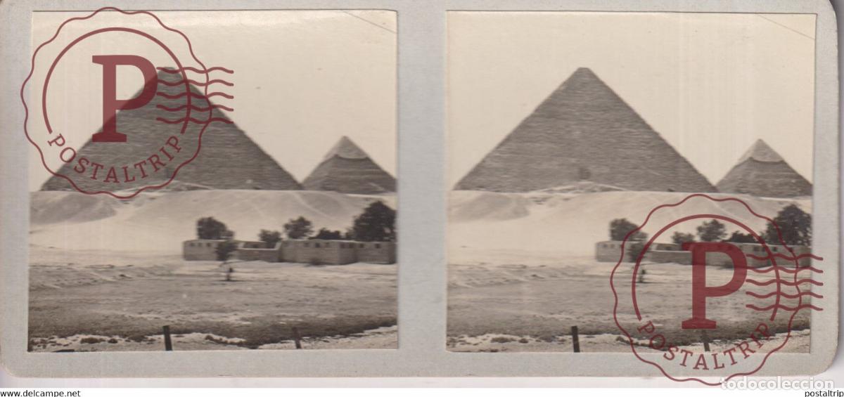 Alte Fotografie: LES PYRAMIDES KH&Eacute;OPS ET KEPFREN EGYPT EGYPTE EGIPTO 13*6cm ESTEREOSCOPICA ST&Eacute;R&Eacute;OSCOPIQUE STEREO