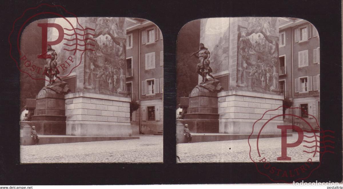 Fotograf&iacute;a antigua: ALTDORF statue de wilhelm tell SCHWEIZ SUIZA SUISSE +-17*9CM ESTEREOSCOPICA STEREOSCOPIC franceste
