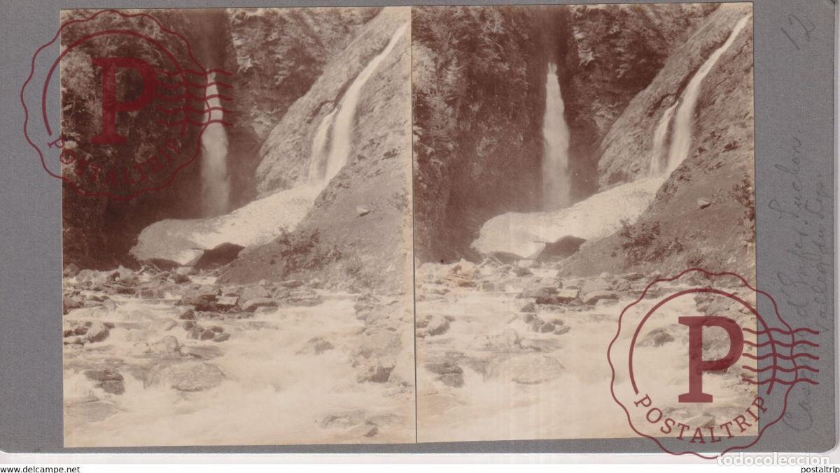 Alte Fotografie: 31 Haute Garonne LUCHON VALLEE DU LYS CASCADE D INFER FRANCE +-17*9CM ESTEREOSCOPICA STEREOSCOPIC f