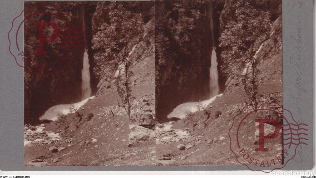 Alte Fotografie: 31 Haute Garonne LUCHON VALLEE DU LYS CASCADE D INFER FRANCE +-17*9CM ESTEREOSCOPICA STEREOSCOPIC f