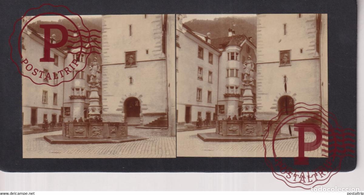 Fotograf&iacute;a antigua: SUISSE Fontaine San Mart&iacute;n, &agrave; Coire Chur cant&oacute;n de Grisons +-17*9CM ESTEREOSCOPICA STEREOSCOPIC fran
