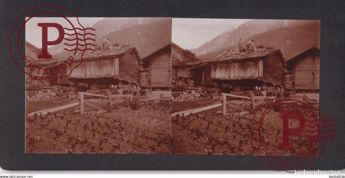 Fotografia antica: LES HAUDERES ROOFREPAIRS VS VALAIS SUISSE SUIZA SCHWEIZ switzerland +-17*9CM ESTEREOSCOPICA STEREO