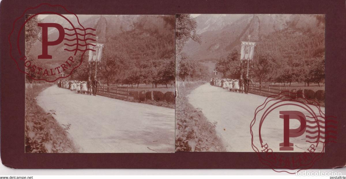 Fotograf&iacute;a antigua: PRES Sargans 1914 SUNDAY PROCESSION SUISSE SUIZA SCHWEIZ switzerland +-17*9CM ESTEREOSCOPICA STEREO