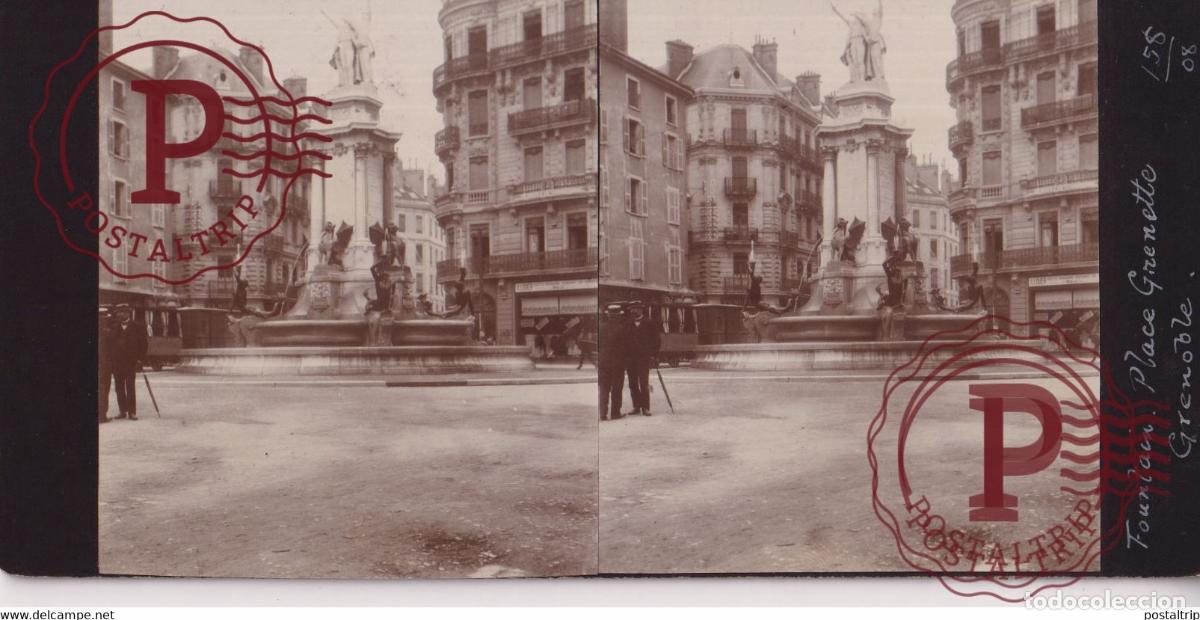 Fotograf&iacute;a antigua: 38 Is&egrave;re Grenoble FONTAINE PLACE GRENETTE FRANCE +-17*9CM ESTEREOSCOPICA STEREOSCOPIC francestereo