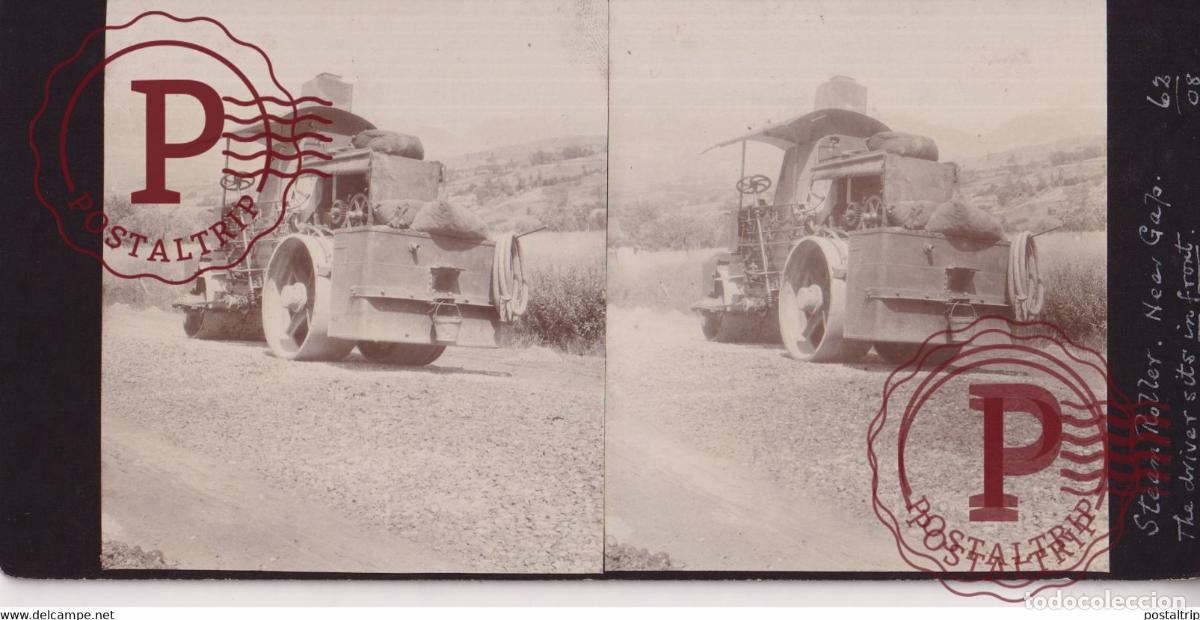 Fotograf&iacute;a antigua: GAP PRES DE ..... 05 Hautes Alpes STEAM ROLLER ROULEAU &Agrave; VAPEUR +-17*9CM ESTEREOSCOPICA STEREOSCOP