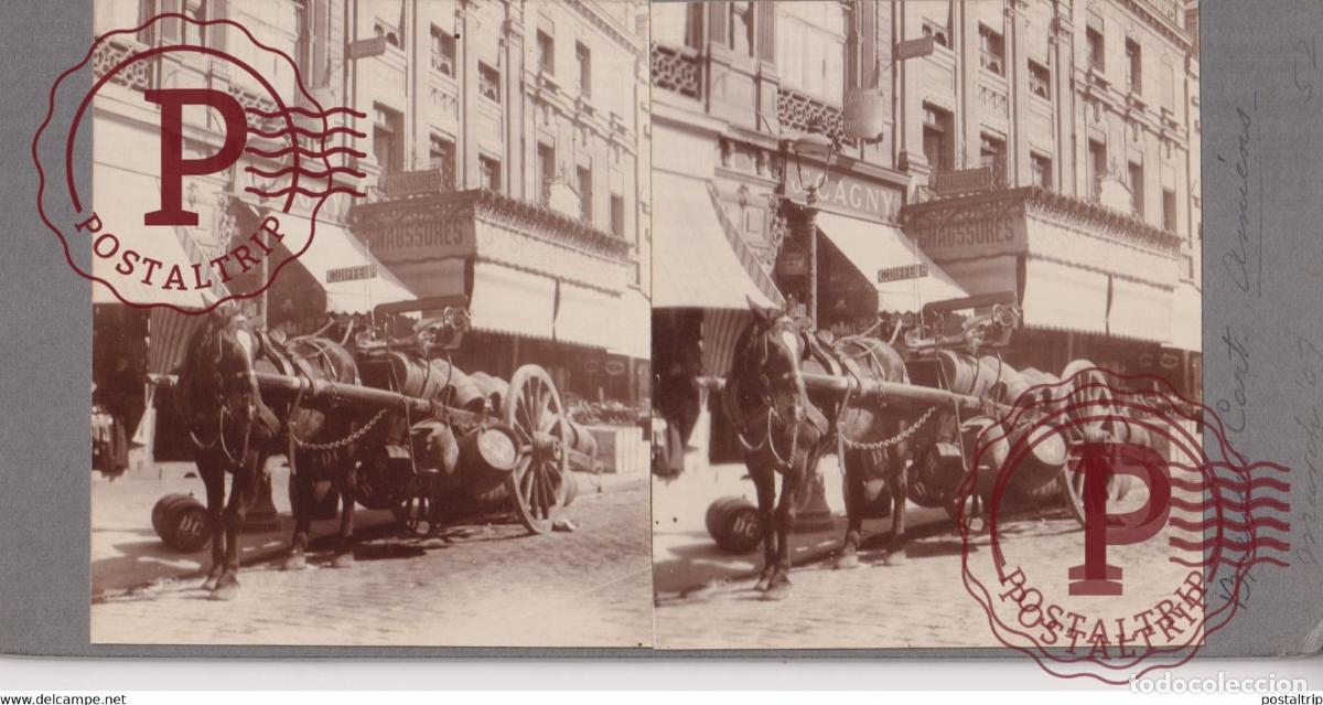Alte Fotografie: 80 Somme Amiens BREWERS CART CHARIOT CARRIAGE CHEVAL CHEVEAUX FRANCE +-17*9CM ESTEREOSCOPICA STERE