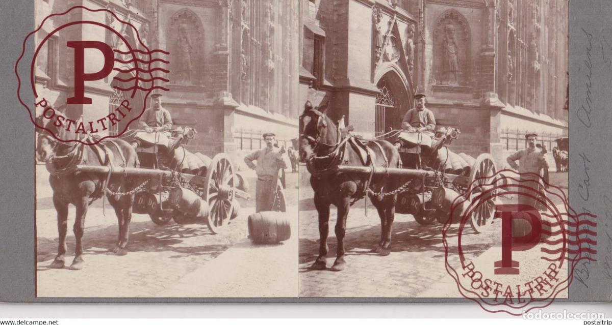 Alte Fotografie: 80 Somme Amiens BREWERS CART CHARIOT CARRIAGE CHEVAL CHEVEAUX FRANCE +-17*9CM ESTEREOSCOPICA STERE