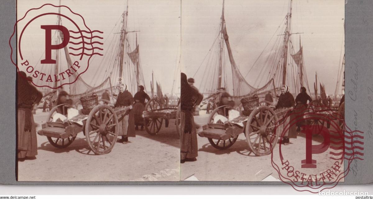 Alte Fotografie: 62 Pas de Calais Calais FEMME P&Ecirc;CHEUR 1907 SEE BOTTOM FRANCE +-17*9CM ESTEREOSCOPICA STEREOSCOPIC