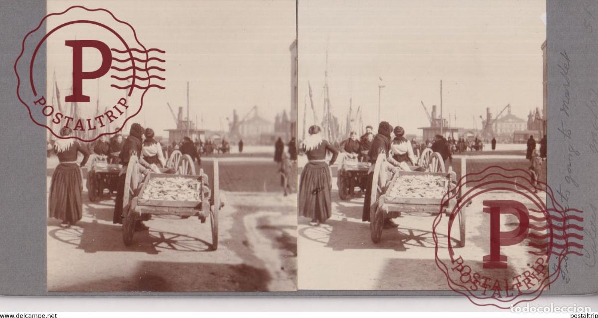 Alte Fotografie: 62 Pas de Calais Calais FEMME P&Ecirc;CHEUR 1907 MARCHE MARKET FRANCE +-17*9CM ESTEREOSCOPICA STEREOSCOPI
