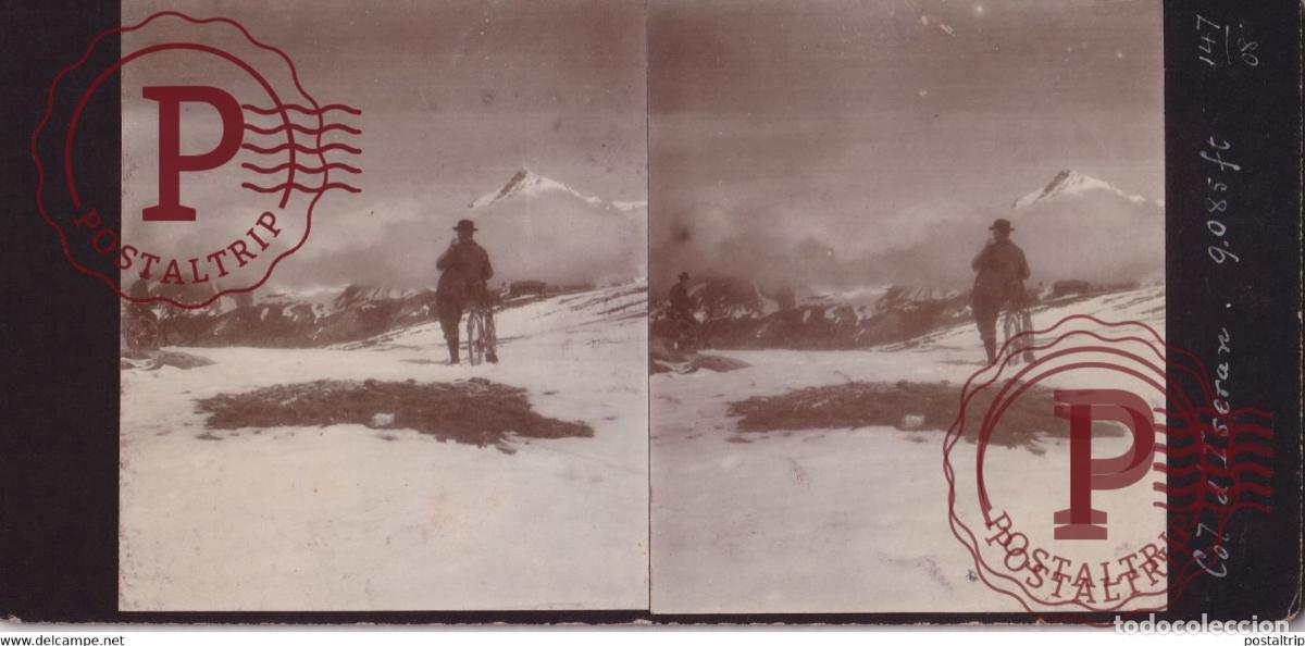 Fotograf&iacute;a antigua: Col de lIseran 73 Savoie 1908 FRANCE BICI VELO FIETS +-17*9CM ESTEREOSCOPICA STEREOSCOPIC francest