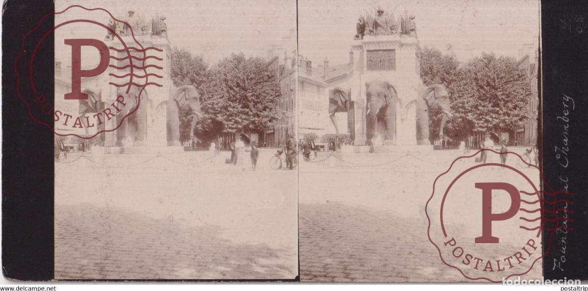 Fotograf&iacute;a antigua: 73 Savoie CHAMBERY fontaine 4 &eacute;l&eacute;phants 1908 FRANCE BICI VELO FIETS +-17*9CM ESTEREOSCOPICA STEREO