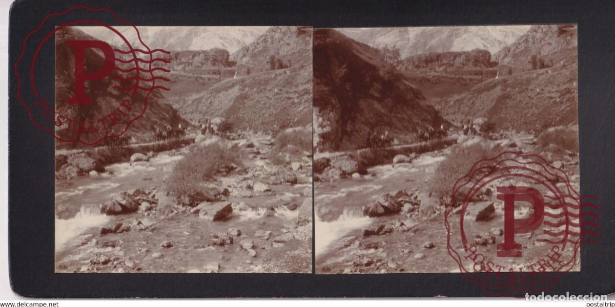 Alte Fotografie: GAVERNIE CIRQUE 65 Hautes Pyr&eacute;n&eacute;es GENTS CHEVAUX FRANCE +-17*9CM ESTEREOSCOPICA STEREOSCOPIC fra