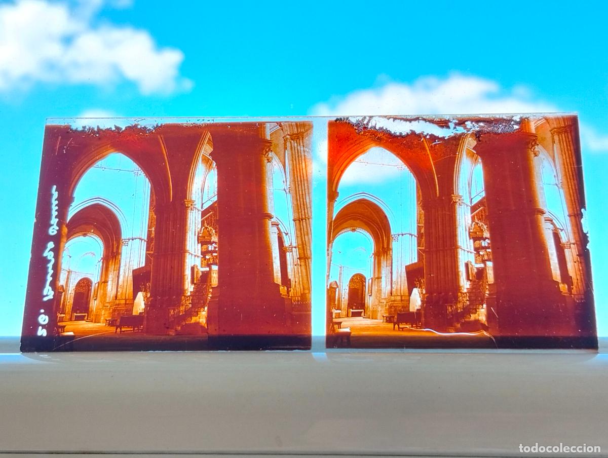 Fotograf&iacute;a antigua: BURGO DE OSMA SORIA CATEDRAL VISTA ESTEREOSCOPICA EN CRISTAL 5,8 X 13 CM