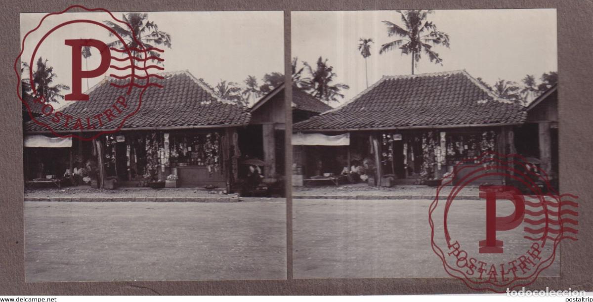 Fotografia antiga: INLANDSE WAROENG BANDOENG SHOPFRONT ASIA INDONESIE INDONESIA Dutch East Indies +-18*9CM ESTEREOSCOPI