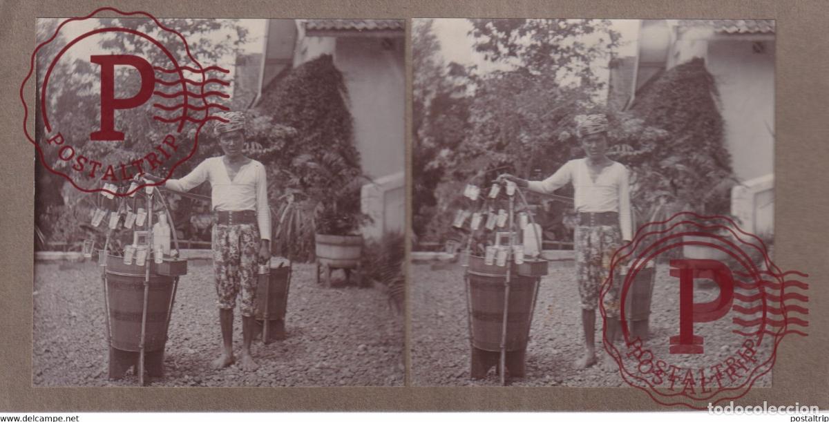 Alte Fotografie: BANDOENG IJSVERKOPER ICECREAM SELLER ASIA INDONESIE INDONESIA Dutch East Indies +-18*9CM ESTEREOSC