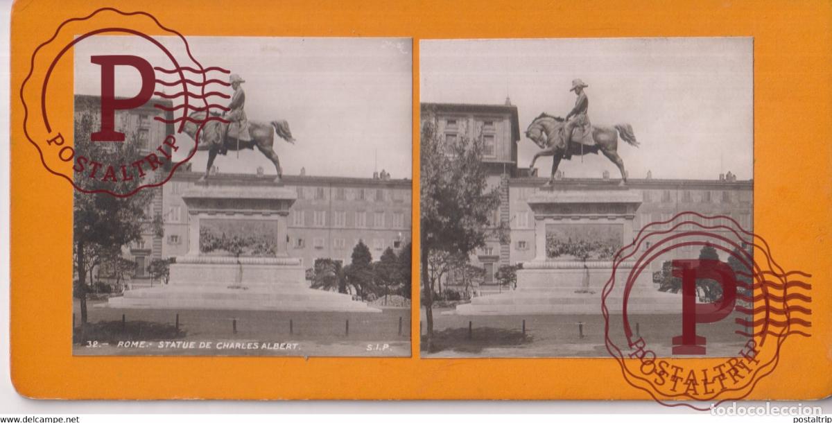 Fotografia antica: Statue De Charles Albert Rome Italia Italy Italie Roma +-17.5*8.5CM ESTEREOSCOPICA STEREOSCOPIC