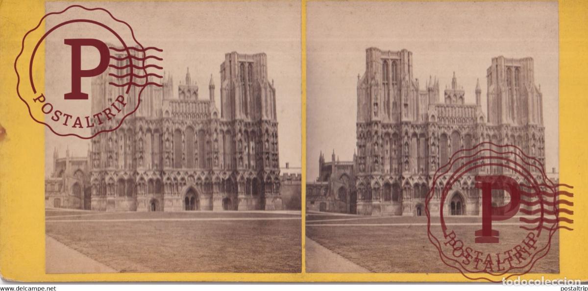 Fotograf&iacute;a antigua: Wells Cathedral West Front U.K. Reino Unido +-17.5*8.5CM ESTEREOSCOPICA STEREOSCOPIC