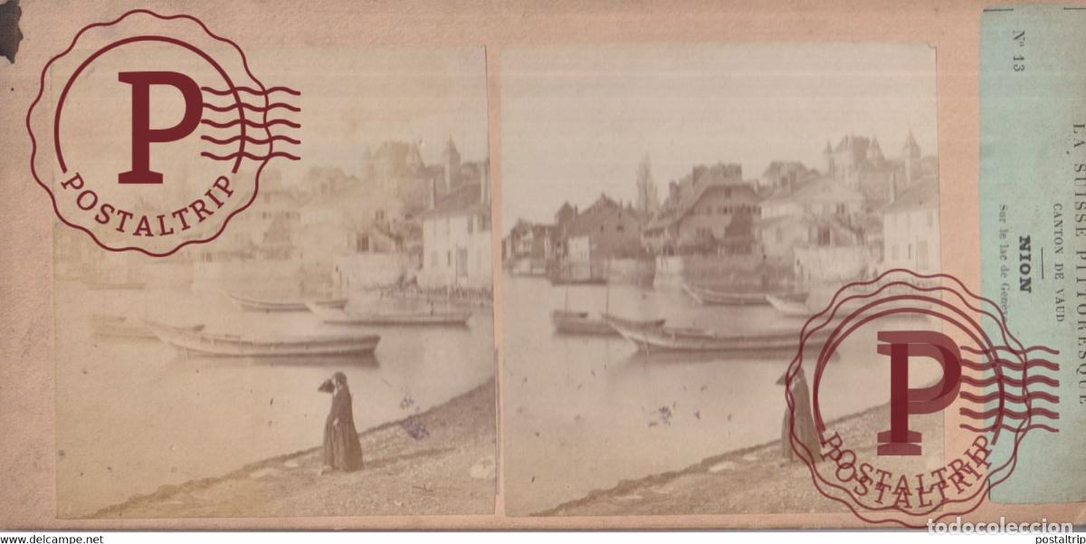 Fotograf&iacute;a antigua: NION SUR LE LAC DE GEN&Egrave;VE LA SUISSE PITTORESQUE CANTON DE VAUD SUIZA SWITZERLAND 17.5*8.5cm ESTEREOS