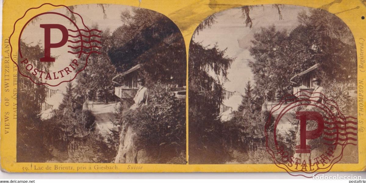 Fotograf&iacute;a antigua: LAC DE BRIENTZ, PRIS &Agrave; GIESBACH by S. THOMPSON SUISSE SUIZA SWITZERLAND +-17.5*8.5cm ESTEREOSCOPICA