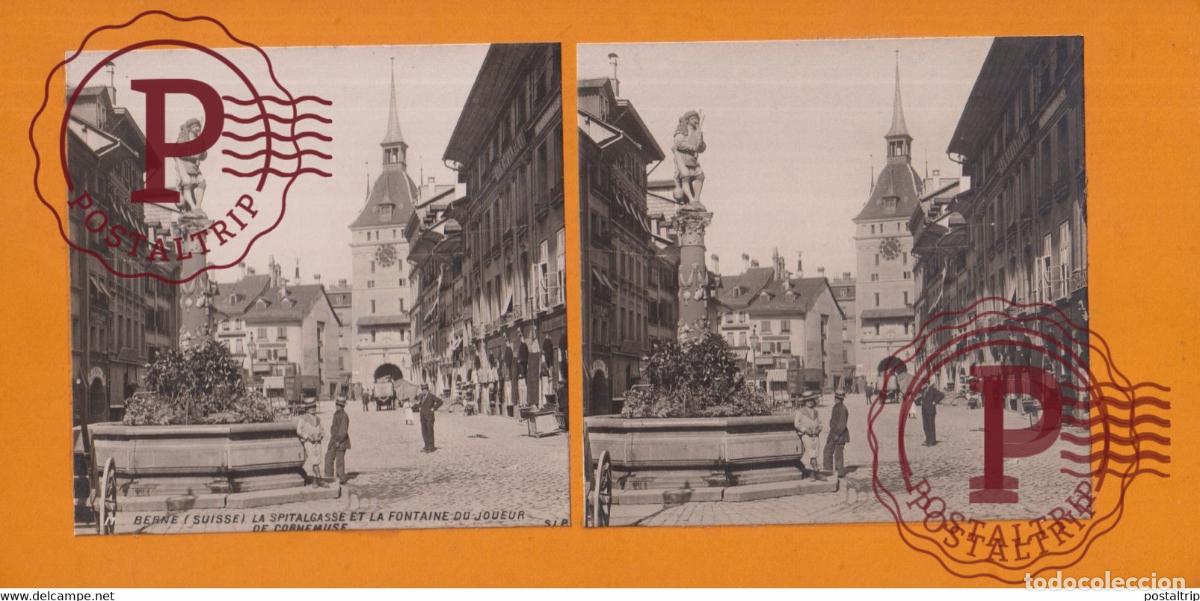 Fotograf&iacute;a antigua: BERNE, LA SPITALGASSE ET LA FONTAINE DU JOUEUR DE CORNEMUSE SUISSE SWITZERLAND +-17.5*8.5cm ESTEREOS