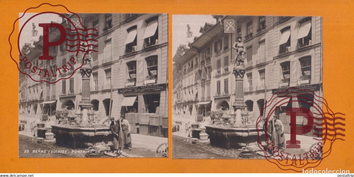 Fotograf&iacute;a antigua: BERNE FONTAINE DE LARCHER SUISSE SWITZERLAND +-17.5*8.5cm ESTEREOSCOPICA STEREOSCOPIC