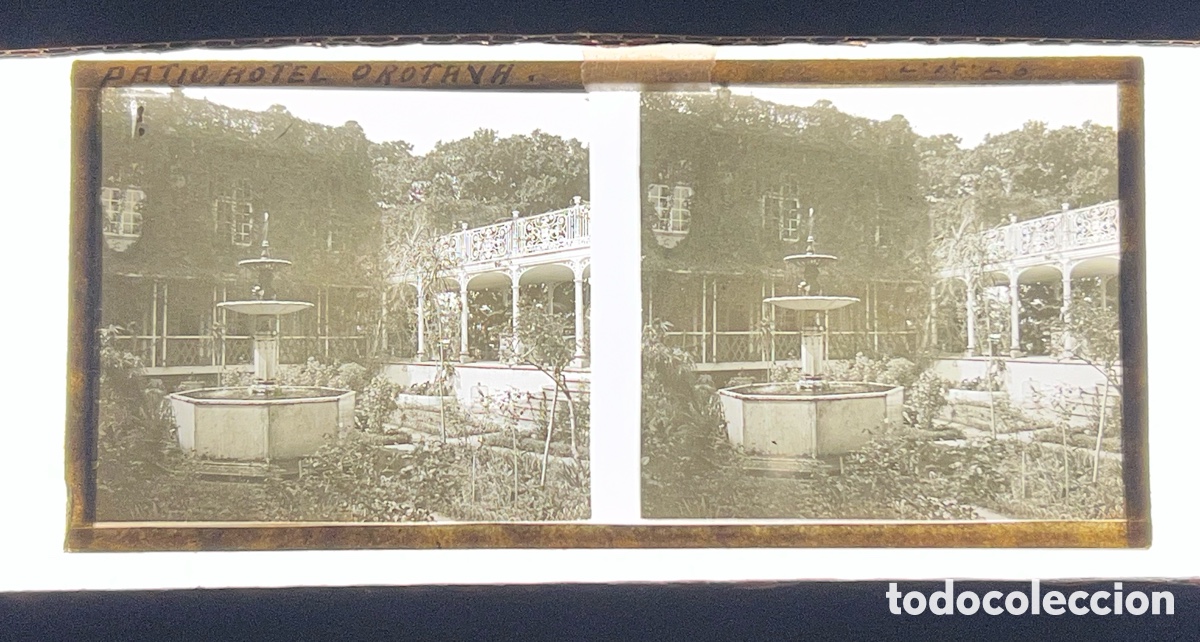 Fotograf&iacute;a antigua: LA OROTOVA. Estereosc&oacute;pica en cristal.. Fuente y jard&iacute;n, interior patio Hotel (h.1900?)