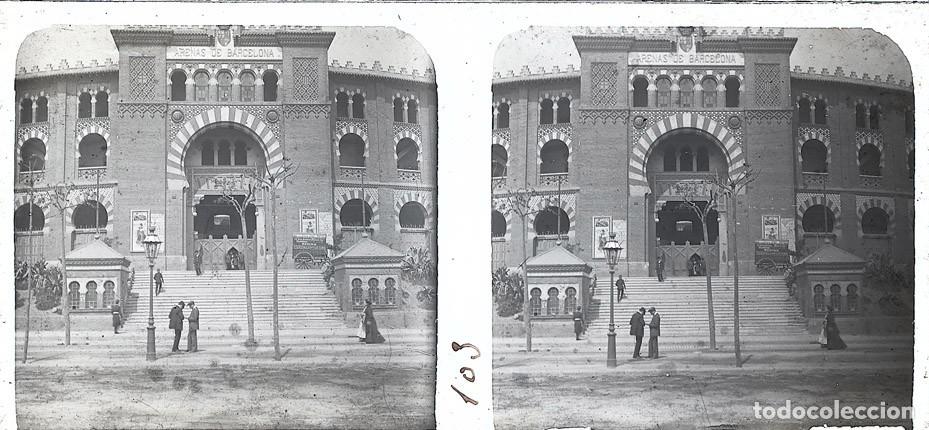 Fotograf&iacute;a antigua: BARCELONA PLAZA TOROS LAS ARENAS ESTEROSCOPICA DE CRISTAL 6 X 13 cm.