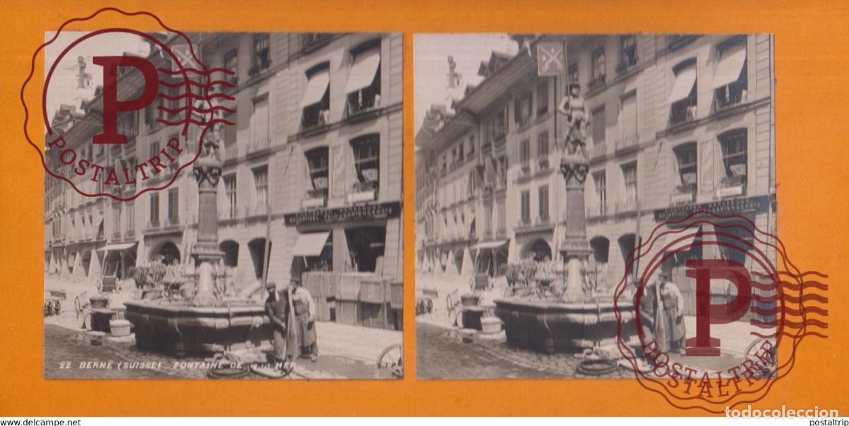 Photographie ancienne: BERNE, FONTAINE DE LARCHER SUISSE SUIZA SWITZERLAND +-17.5*8.5cm ESTEREOSCOPICA STEREOSCOPIC
