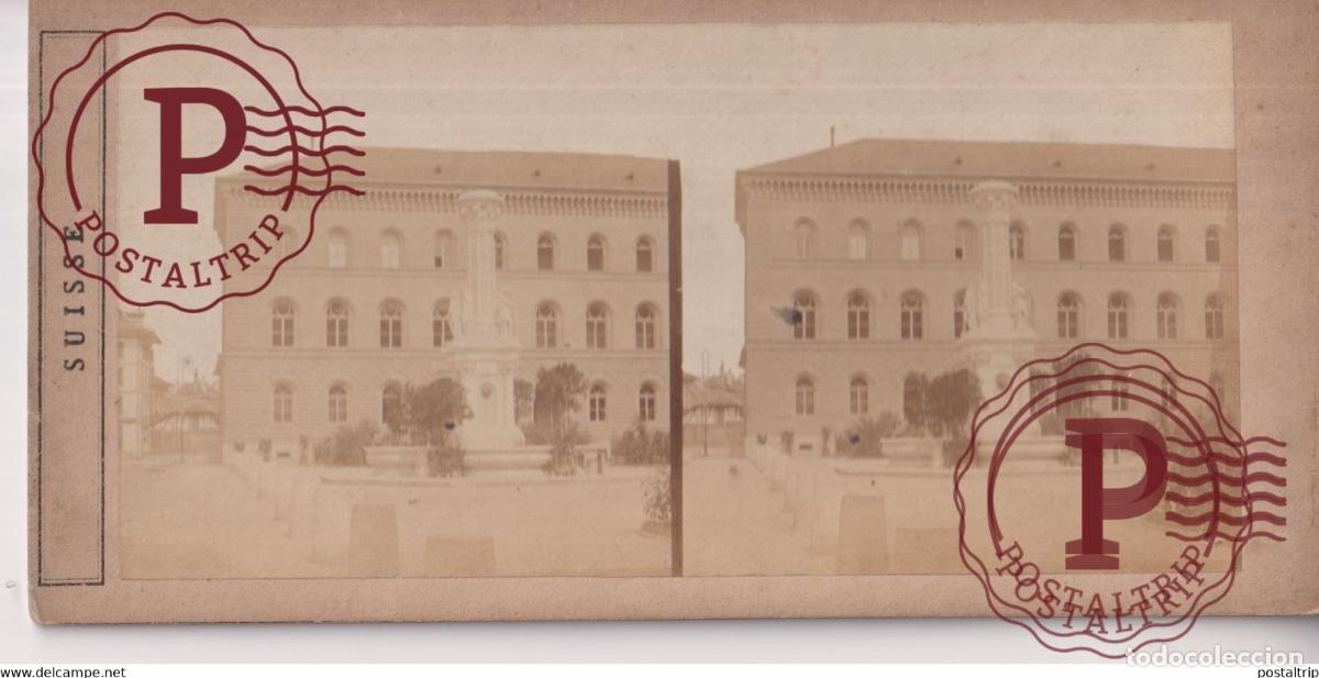 Fotografia antica: FONTAINE ET PALAIS F&Eacute;D&Eacute;RAL &Agrave; BERNE SUISSE SUIZA SWITZERLAND +-17.5*8.5cm ESTEREOSCOPICA STEREOSCOPI