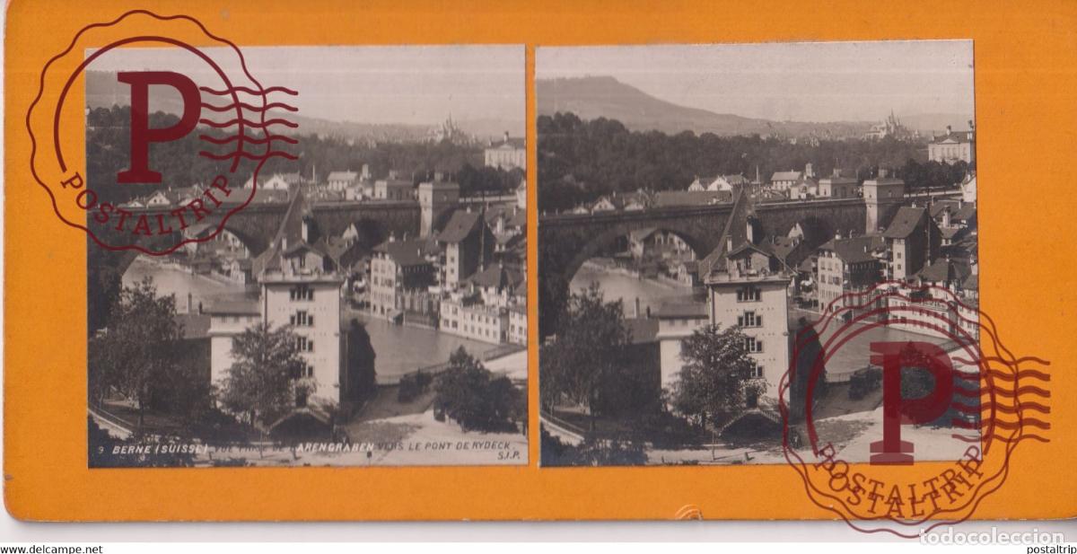 Fotografia antica: BERNE VUE PRISE DE BARENGRABEN VERS LE PONT DE RYDECK SUISSE SUIZA SWITZERLAND +-17.5*8.5cm ESTEREO