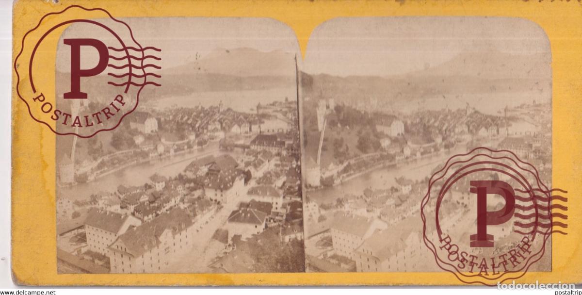 Antique Photography: PANORAMA DE LUCERNE AU FOND LE RIGI SUISSE SUIZA SWITZERLAND +-17.5*8.5cm ESTEREOSCOPICA STEREOSCO