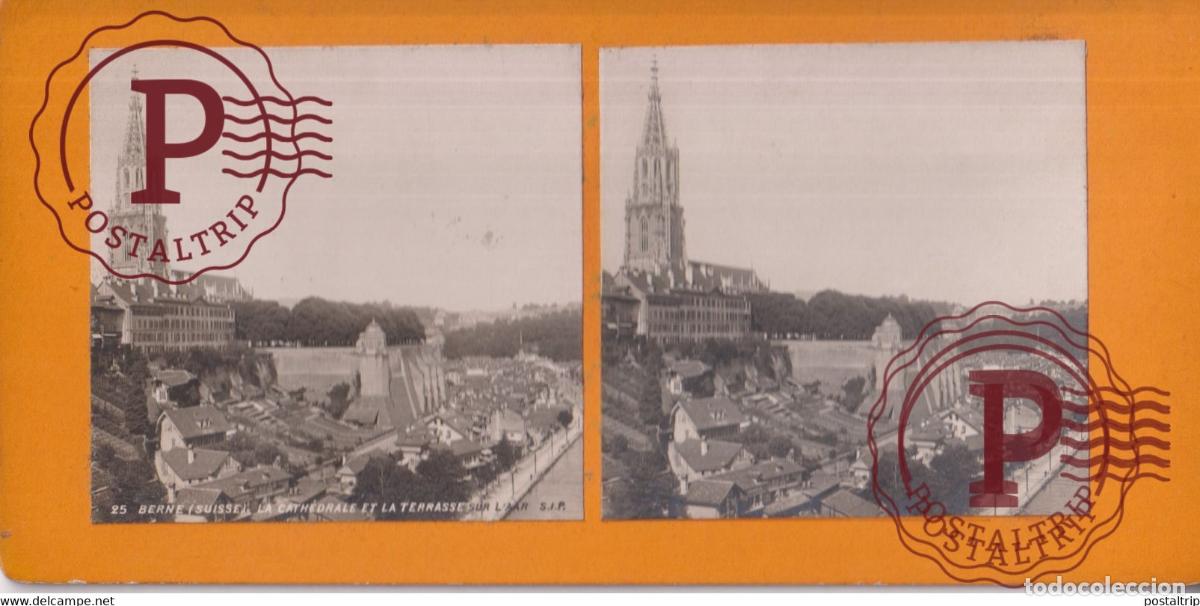 Fotograf&iacute;a antigua: BERNE LA CATH&Egrave;DRALE ET LA TERRASE SUR LAAR SUISSE SUIZA SWITZERLAND +-17.5*8.5cm ESTEREOSCOPICA STE