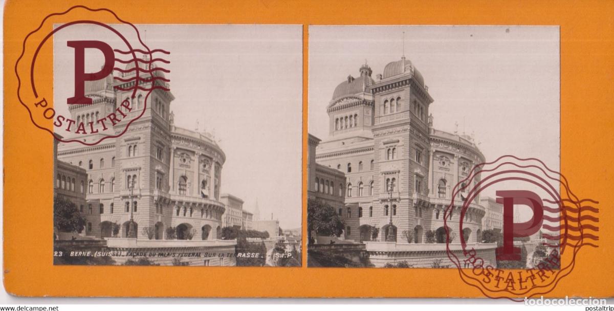 Fotograf&iacute;a antigua: BERNE FA&Ccedil;ADE DU PALAIS F&Eacute;DERAL SUR LA TERRASSE SUISSE SUIZA SWITZERLAND +-17.5*8.5cm ESTEREOSCOPICA
